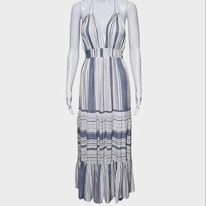 Luxxel White With Blue Stripes Tiered Open Back  V-Neck Maxi Dress Size Medium .